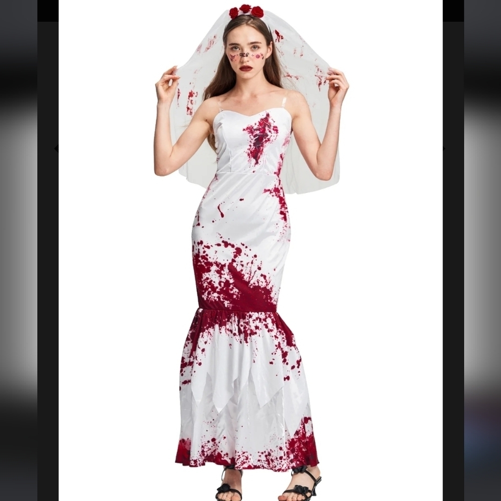 Zombie Bride Fishtail Blood Splattered Dress With Veil NWT - Picture 3 of 16